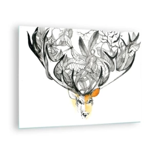 Glastavla - Bild på glas - Teckning av en hjort med fina horn - 70x50cm - Ymnighetshorn - Modern väggdekoration för vardagsrum och sovrum ARTTOR
