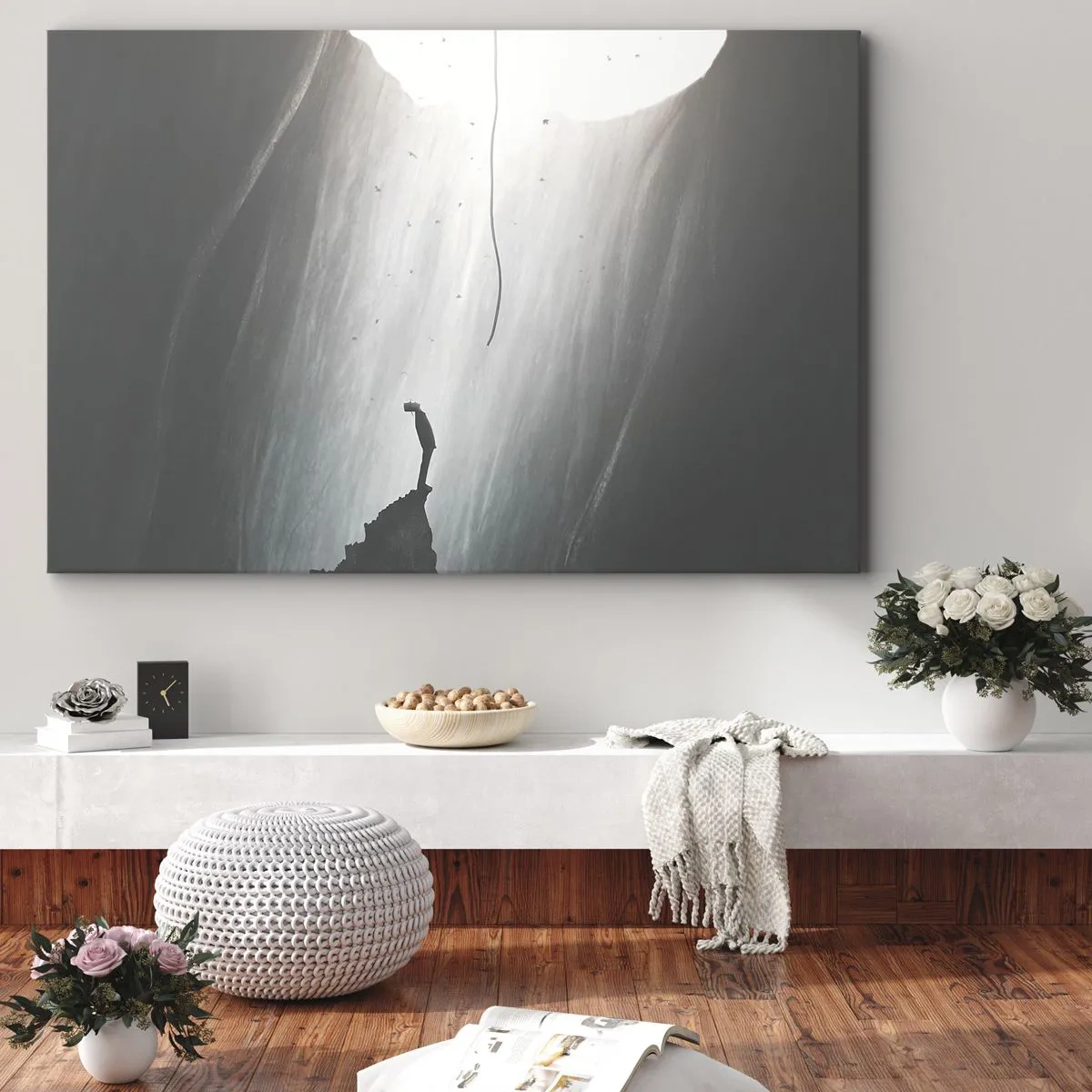 Canvastavla - Bild på duk - Silhuett av en man på golvet i en grotta med utsikt över ljuset - 70x50cm - Det finns alltid en väg ut - Modern väggdekoration för vardagsrum och sovrum ARTTOR