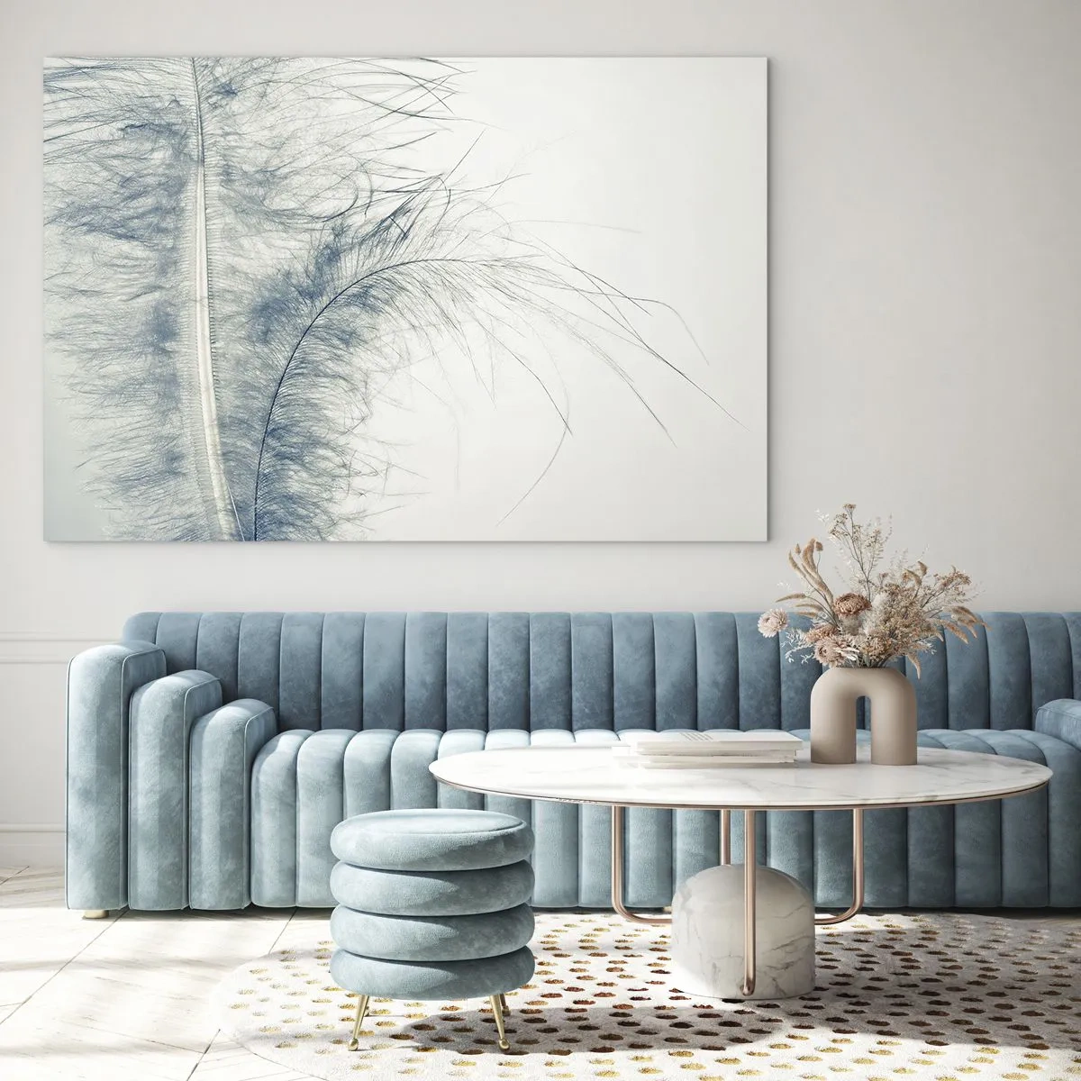 Glastavla - Bild på glas - En delikat fjäder mot en ljus bakgrund i minimalistisk stil - 70x50cm - Naturens viskningar - Modern väggdekoration för vardagsrum och sovrum ARTTOR