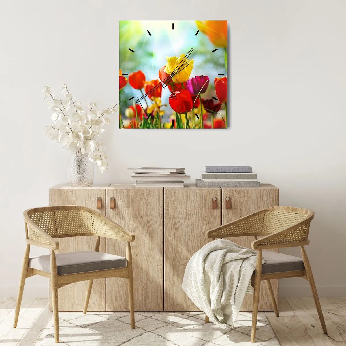 Väggklocka - Klocka på glas - Solens alla färger - 40x40 cm
