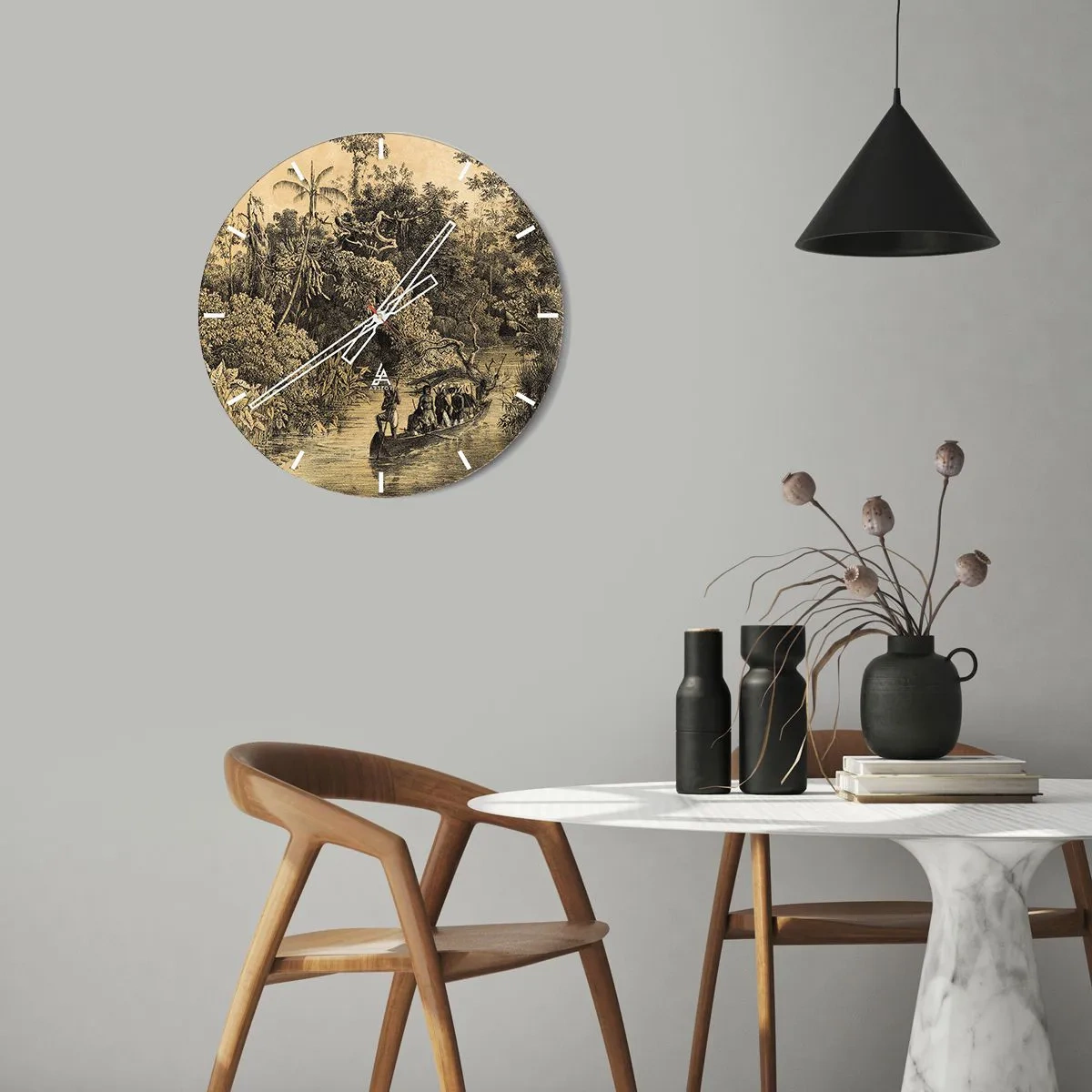 Väggklocka - Klocka på glas - Retro illustration av en tropisk djungelexpedition - 30x30cm - Resa till källan - Modern väggdekoration för vardagsrum, kök och sovrum ARTTOR