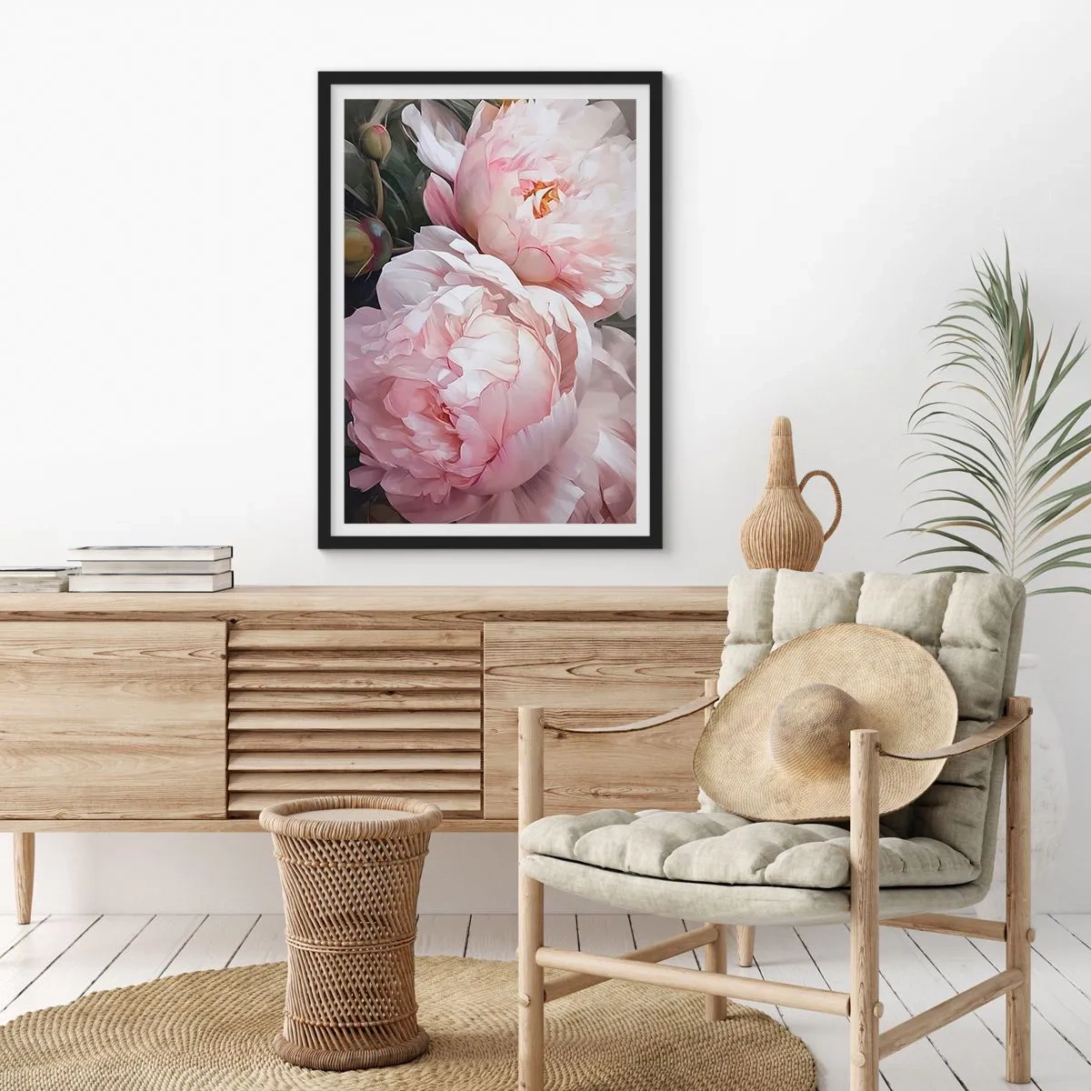 Affisch i svart ram - Fina pioner i pastellfärger av rosa och vitt - 50x70cm - Fast i blomning - Modern väggdekoration för vardagsrum och sovrum ARTTOR