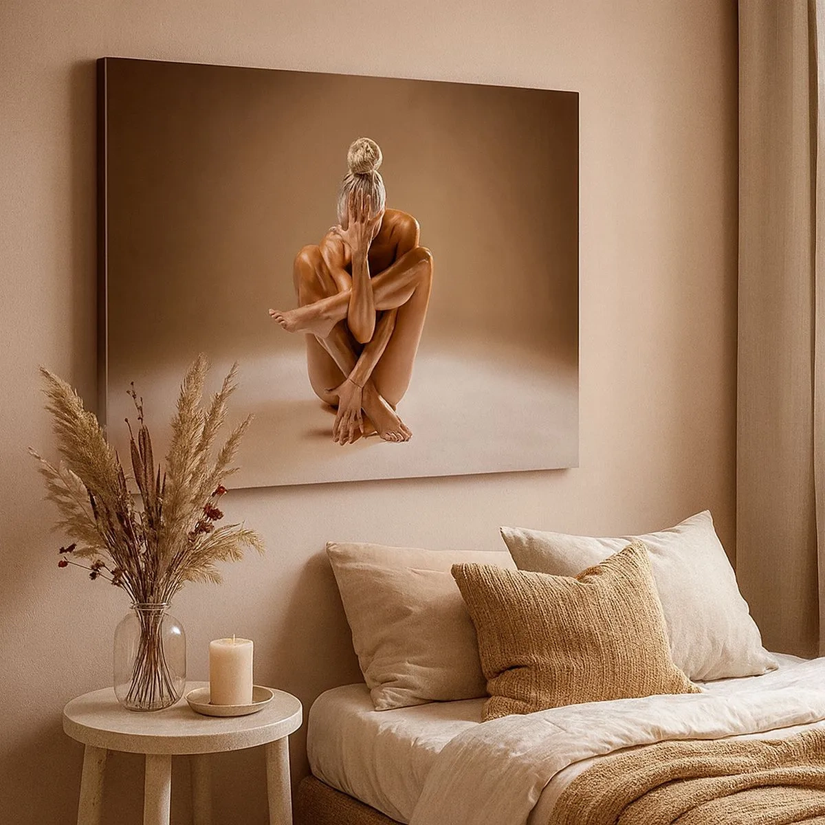 Canvastavla - Bild på duk - Konstnärlig silhuett av en kvinna på en beige bakgrund - 70x50cm - Kroppens och själens enighet - Modern väggdekoration för vardagsrum och sovrum ARTTOR