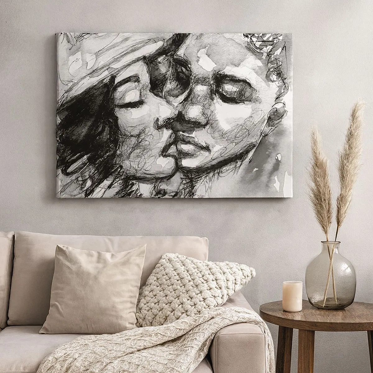 Canvastavla - Bild på duk - En svartvit akvarell som föreställer ett intimt ögonblick mellan två personer. - 70x50cm - Ett ömt ögonblick - Modern väggdekoration för vardagsrum och sovrum ARTTOR