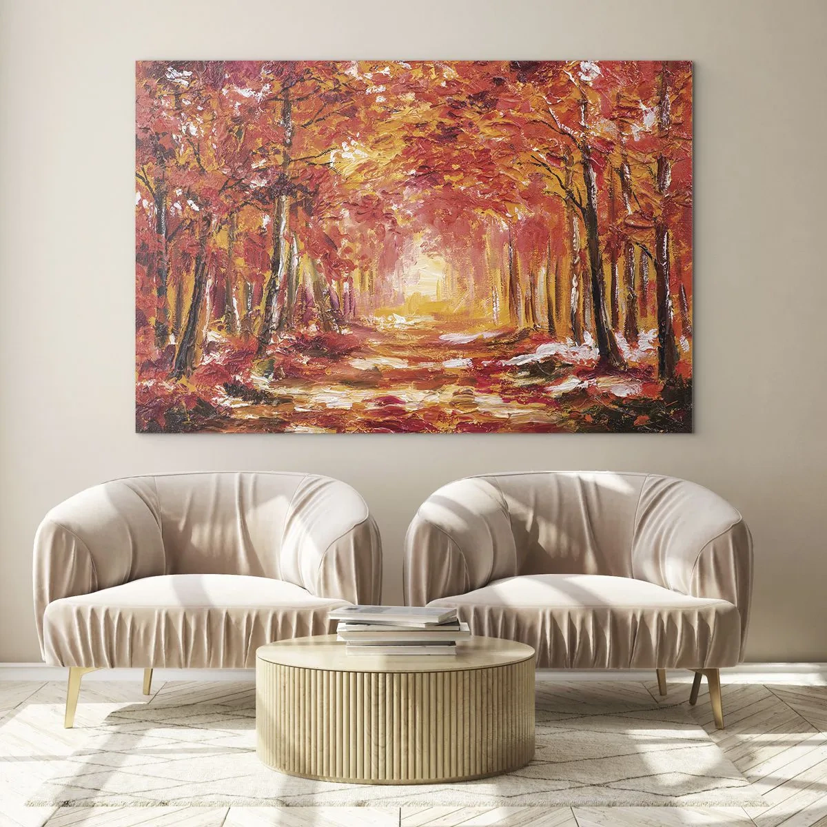 Glastavla - Bild på glas - Höstlandskap med träd i varma färger - 70x50cm - Kopparskog - Modern väggdekoration för vardagsrum och sovrum ARTTOR
