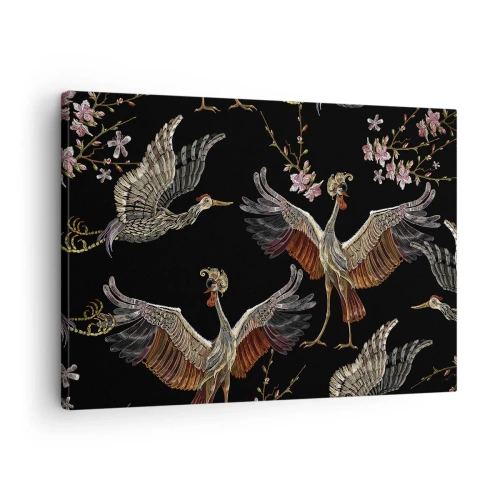 Canvastavla - Bild på duk - Snygga tranor och blommor på svart bakgrund - 70x50cm - Sagofågel - Modern väggdekoration för vardagsrum och sovrum ARTTOR