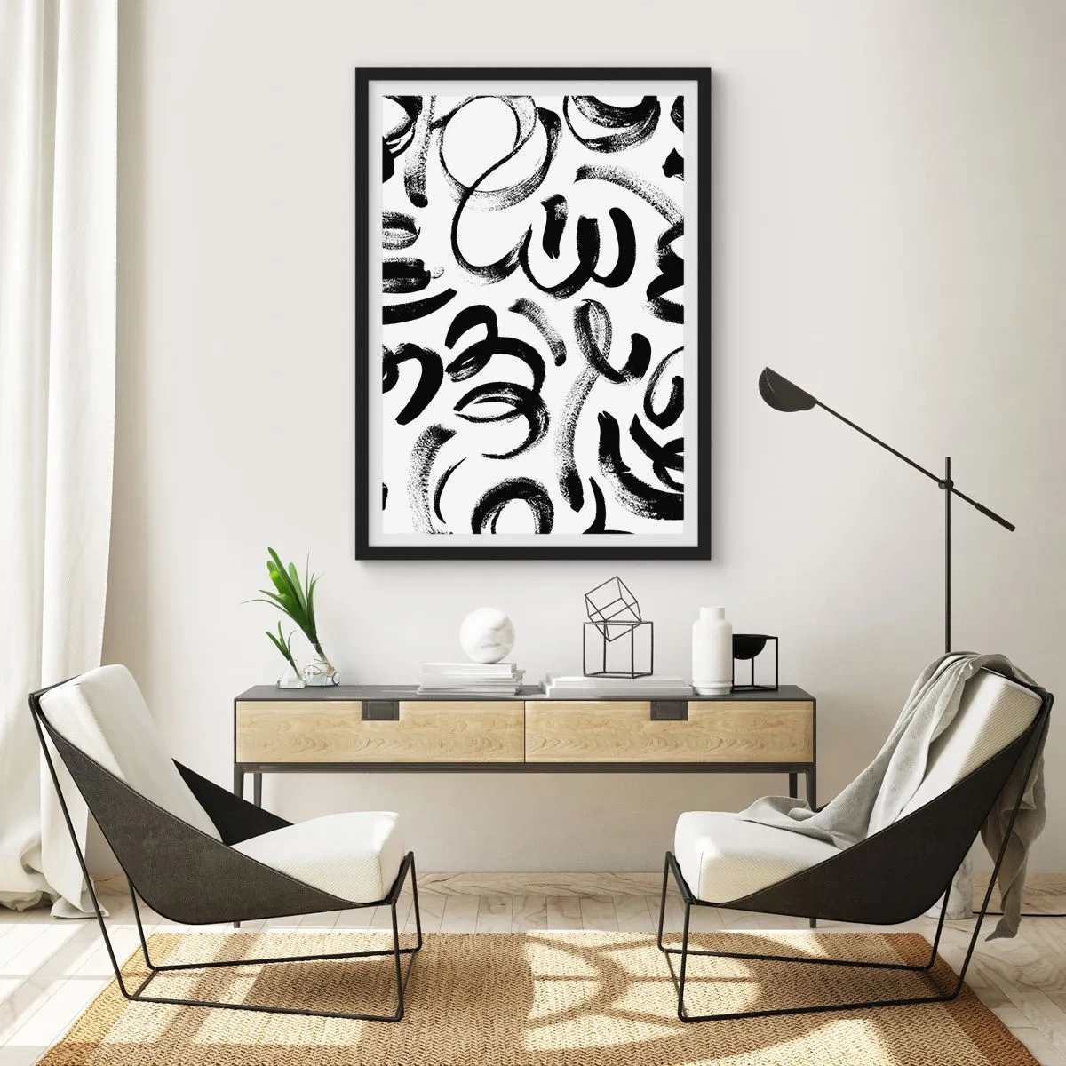 Affisch i svart ram - Abstrakta svarta penseldrag på en vit bakgrund - 50x70cm - Svart på vitt - Modern väggdekoration för vardagsrum och sovrum ARTTOR