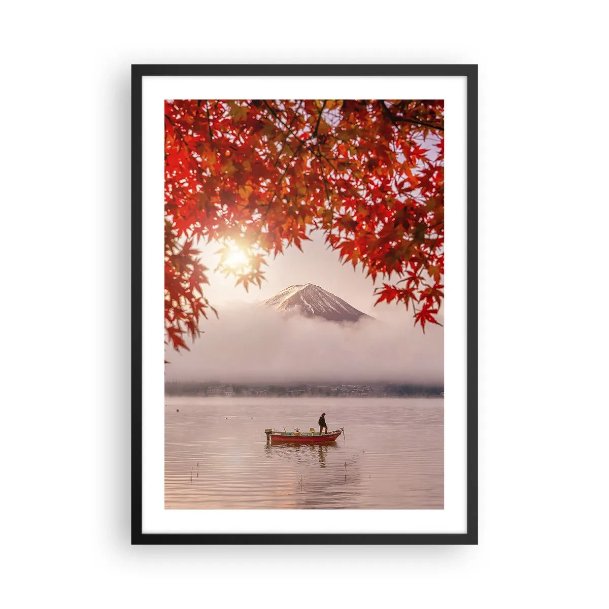 Affisch i svart ram - Mount Fuji med en båt på en sjö och höstlöv - 50x70cm - I japansk stämning - Modern väggdekoration för vardagsrum och sovrum ARTTOR