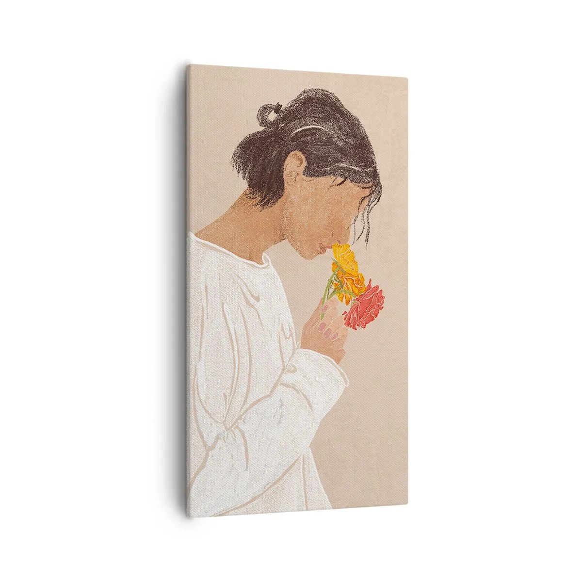 Canvastavla - Bild på duk - Flicka och blommor - 55x100 cm