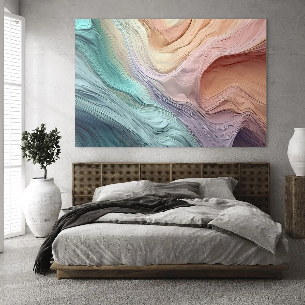 Glastavla - Bild på glas - En färgglad abstraktion som liknar vågor och stenar - 70x50cm - Regnbågsvåg - Modern väggdekoration för vardagsrum och sovrum ARTTOR