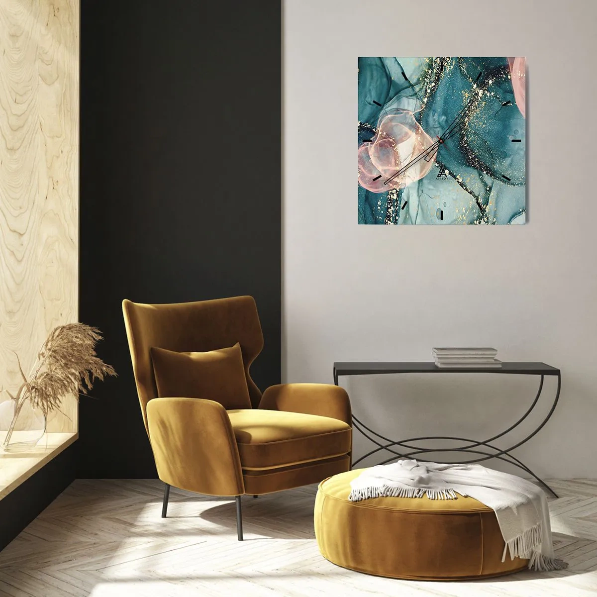 Väggklocka - Klocka på glas - Sidenblå, tyllrosa - 40x40 cm