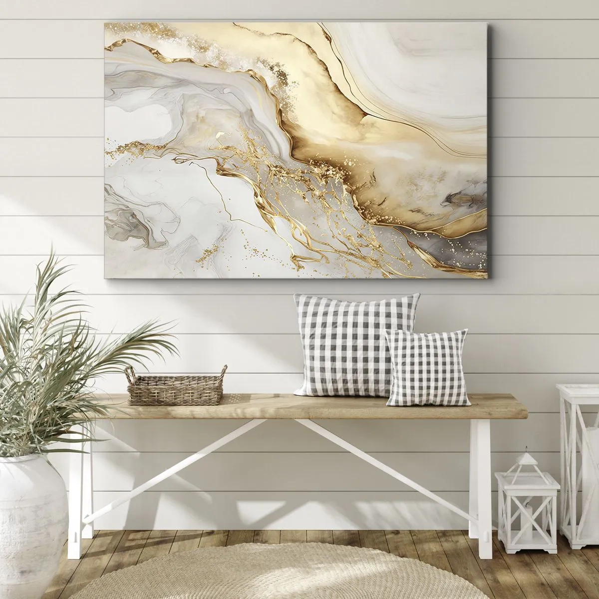 Canvastavla - Bild på duk - Abstrakta mönster i guld och marmor på en ljus bakgrund - 70x50cm - Abstraktion: skönhet och godhet - Modern väggdekoration för vardagsrum och sovrum ARTTOR