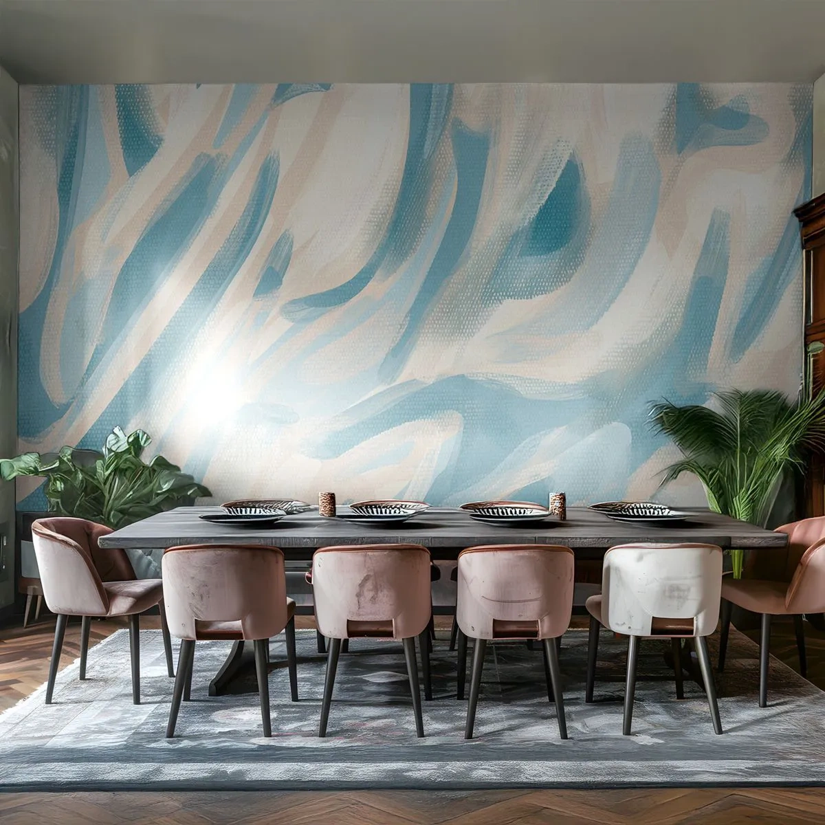 Fototapet Standard Eco - Ljusblå och krämfärgade abstrakta penseldrag - 100x70cm - Vårvindar - Modern väggdekoration för vardagsrum och sovrum ARTTOR