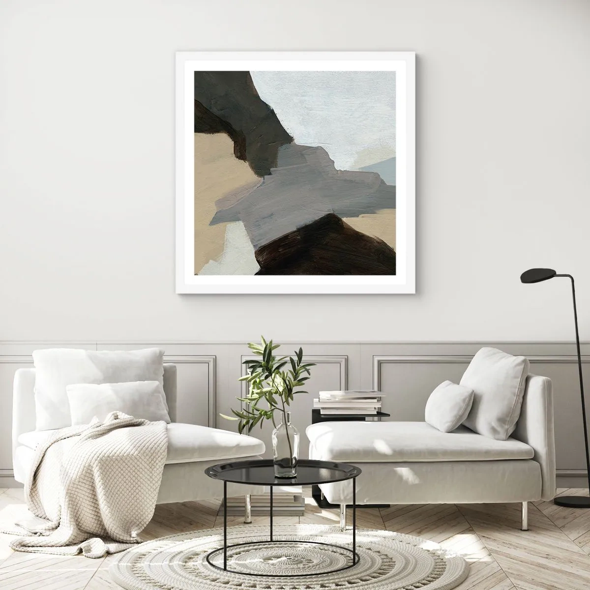 Affisch i vit ram - Abstraktion: avgrening av det gråa - 60x60 cm