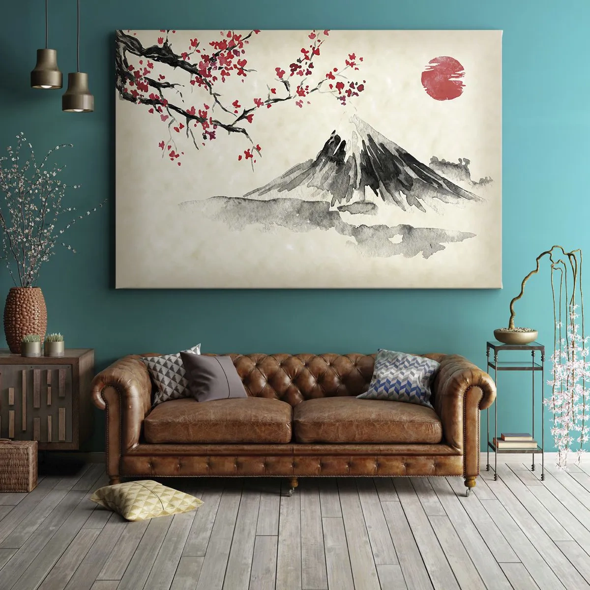 Canvastavla - Bild på duk - Ett pittoreskt landskap med ett berg, körsbärsblommor och solsken - 70x50cm - Bli kär i Japan - Modern väggdekoration för vardagsrum och sovrum ARTTOR