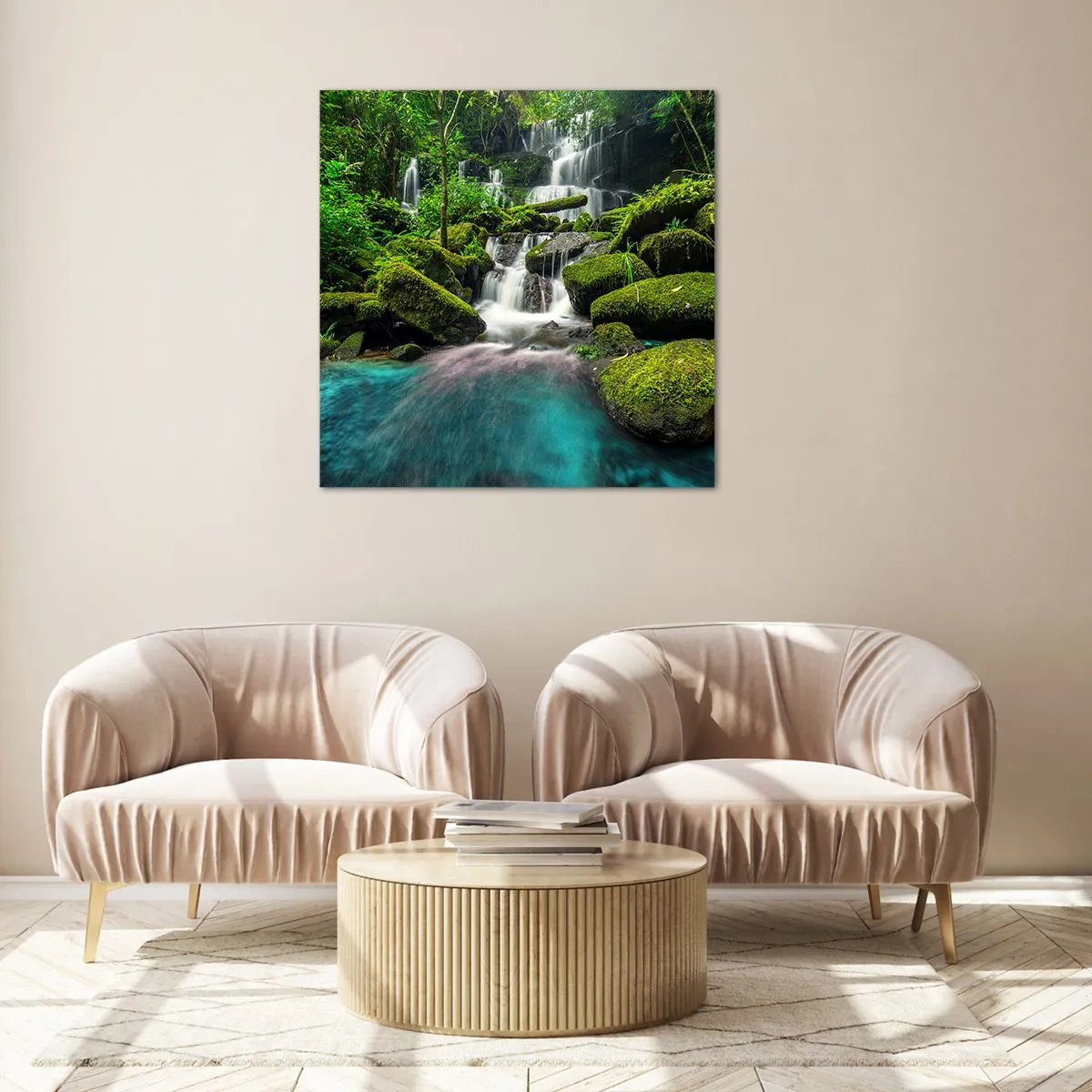 Glastavla - Bild på glas - Turkos, safir och flytande silver - 50x50 cm