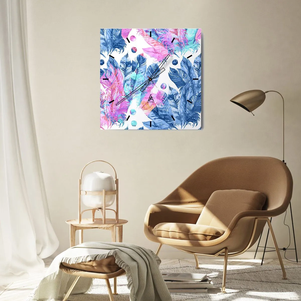 Väggklocka - Klocka på glas - Fjädrar i vitt och blått - 40x40 cm