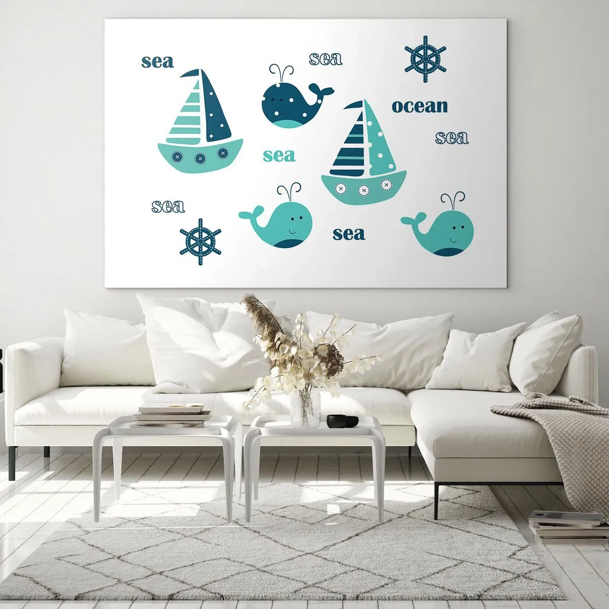 Glastavla - Bild på glas - Nautiskt tema med segelbåtar och valar - 70x50cm - Genom sjöar och hav - Modern väggdekoration för vardagsrum och sovrum ARTTOR