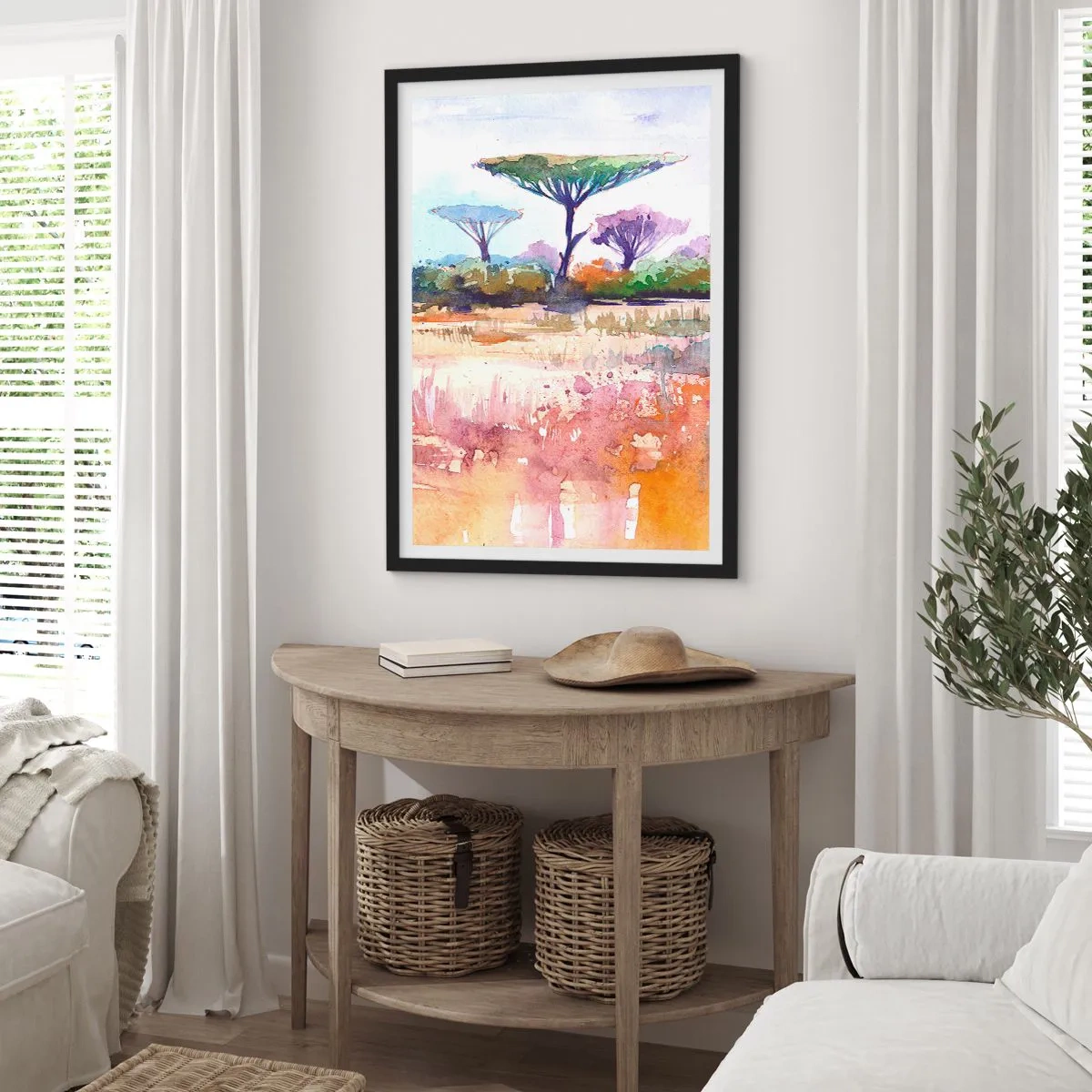 Affisch i svart ram - En akvarellmålning av ett savannlandskap med akaciaträd. - 50x70cm - Savannens färg - Modern väggdekoration för vardagsrum och sovrum ARTTOR