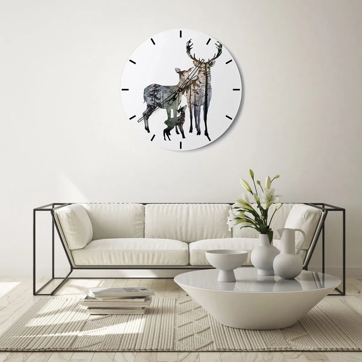 Väggklocka - Klocka på glas - Silhuetter av rådjur i skogen mot bakgrund av en vit sköld - 30x30cm - Familjefoto - Modern väggdekoration för vardagsrum, kök och sovrum ARTTOR
