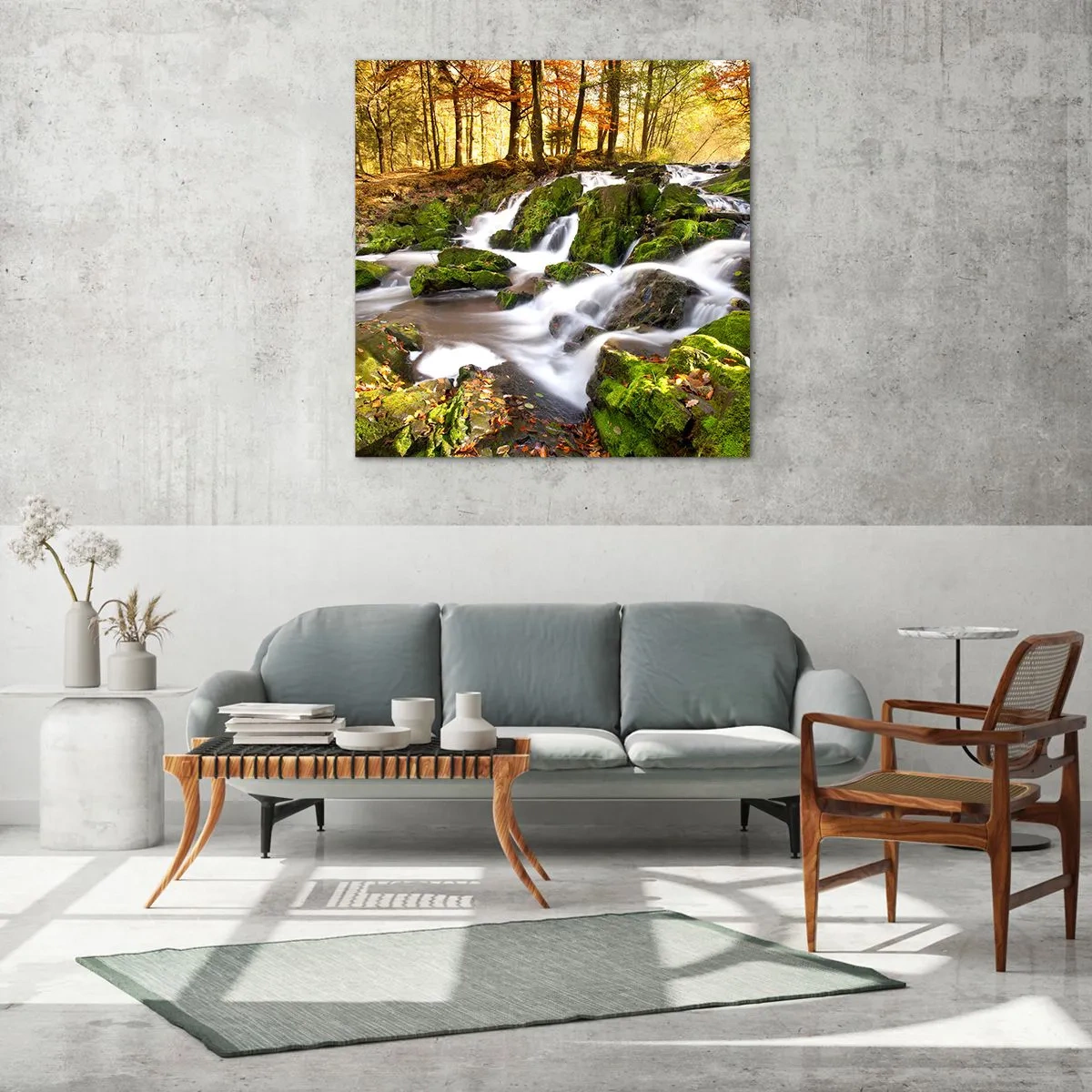 Glastavla - Bild på glas - Kvickt genom höstskogen - 70x70 cm