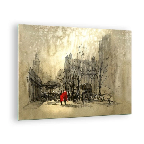 Glastavla - Bild på glas - En dejt i Londondimman med röd kappa-accent - 70x50cm - Träff i London-dimman  - Modern väggdekoration för vardagsrum och sovrum ARTTOR