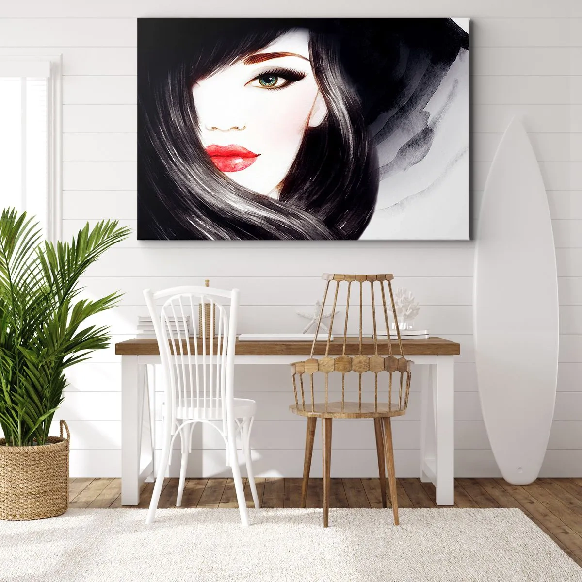 Canvastavla - Bild på duk - Porträtt av en kvinna med ett uttrycksfullt utseende och röda läppar - 70x50cm - Safirfärgad blick - Modern väggdekoration för vardagsrum och sovrum ARTTOR