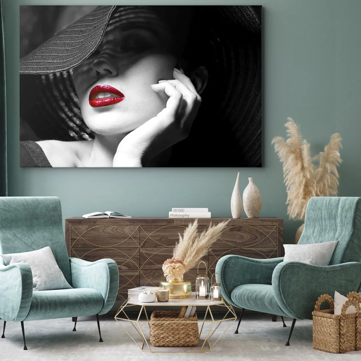 Canvastavla - Bild på duk - Svartvitt porträtt av en kvinna med röda läppar - 70x50cm - En studie i scharlakansröd - Modern väggdekoration för vardagsrum och sovrum ARTTOR
