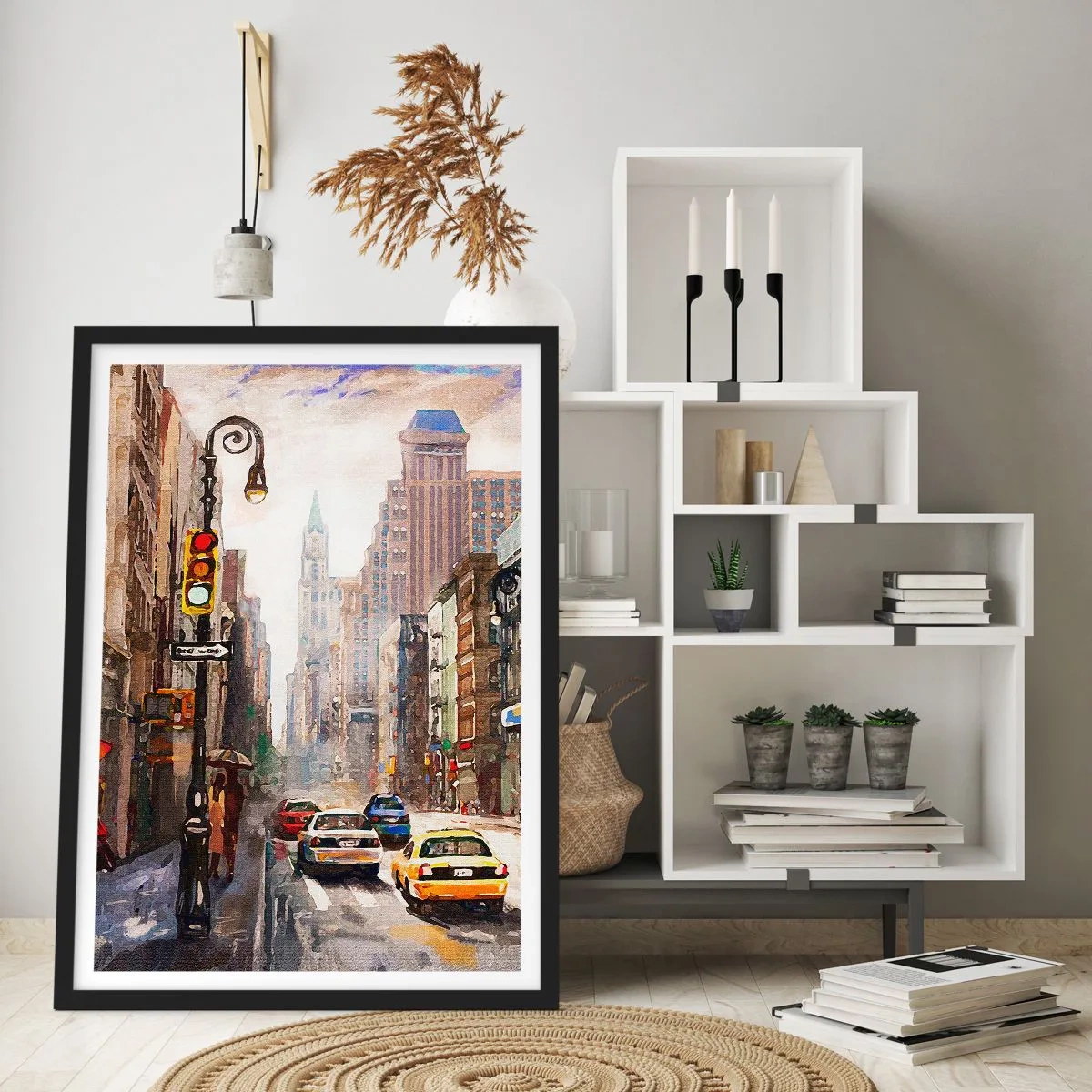 Affisch i svart ram - Stadsgata med bilar och trafikljus - 50x70cm - New York - färgglad också i regnet - Modern väggdekoration för vardagsrum och sovrum ARTTOR