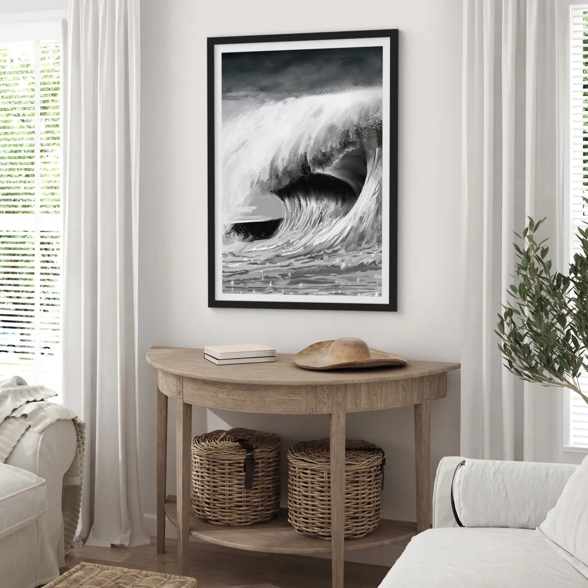 Affisch i svart ram - En kraftfull våg i grå nyanser - 50x70cm - Havets ilska - Modern väggdekoration för vardagsrum och sovrum ARTTOR
