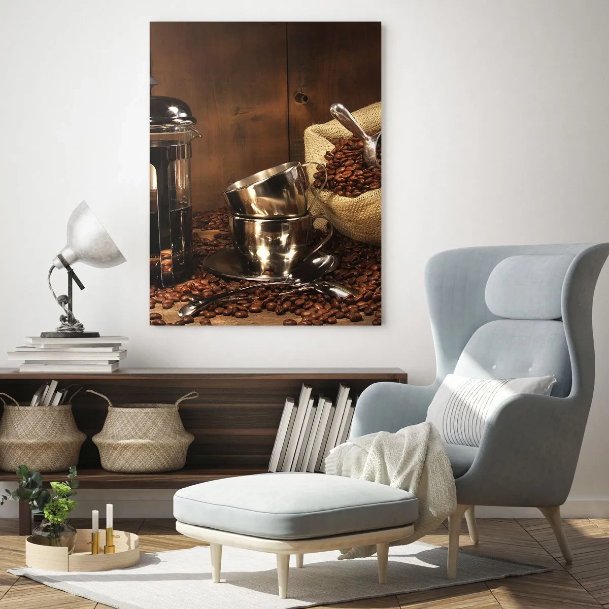 Glastavla - Bild på glas - Kaffets charm - arom och smak - 50x70 cm
