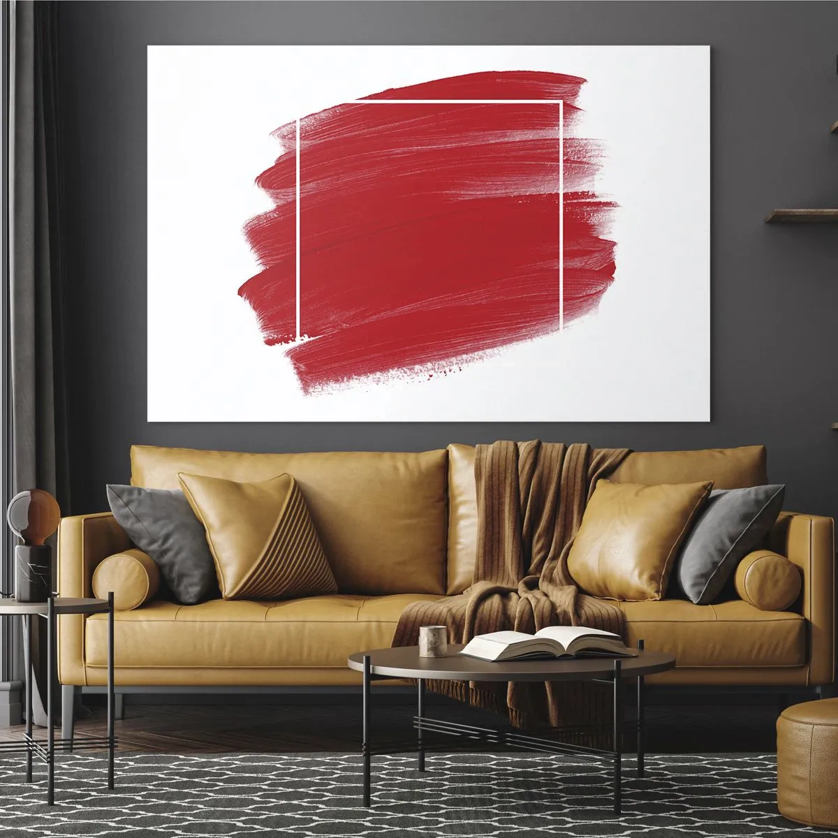 Glastavla - Bild på glas - Abstrakt röd fläck med en vit ram - 70x50cm - Utanför ramen - Modern väggdekoration för vardagsrum och sovrum ARTTOR