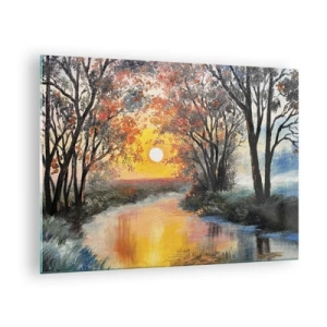 Glastavla - Bild på glas - Solnedgång över floden bland träden - 70x50cm - Höststämning - Modern väggdekoration för vardagsrum och sovrum ARTTOR