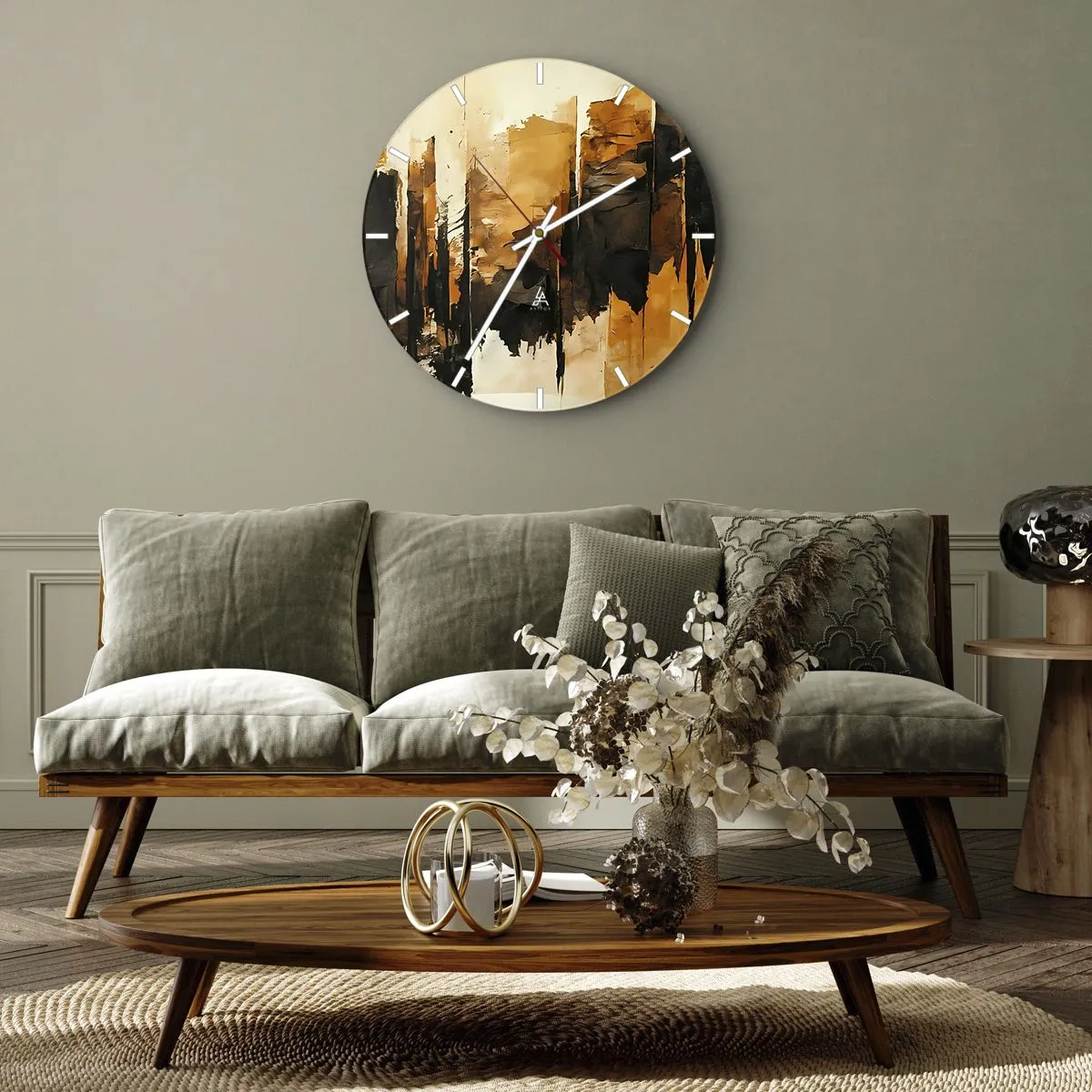 Väggklocka - Klocka på glas - Abstrakt komposition i nyanser av svart och guld - 30x30cm - Harmoni av svart och guld - Modern väggdekoration för vardagsrum, kök och sovrum ARTTOR