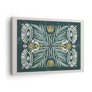 Canvastavla - Bild på duk - Symmetriskt växtmönster på en grön bakgrund - 70x50cm - Som ett folkligt mönster - Modern väggdekoration för vardagsrum och sovrum ARTTOR