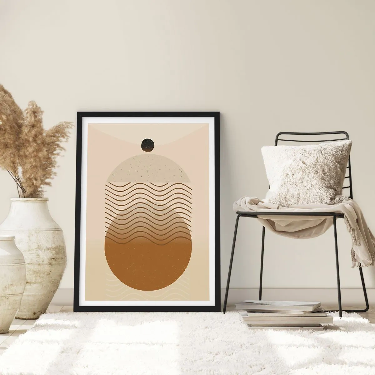 Affisch i svart ram - Ett minimalistiskt mönster med vågor och geometriska former - 50x70cm - Om geometriska figurers ursprung - Modern väggdekoration för vardagsrum och sovrum ARTTOR
