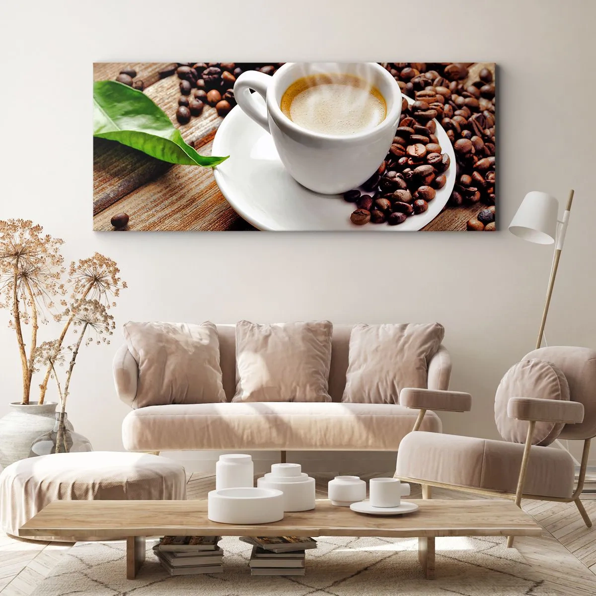 Canvastavla - Bild på duk - Kaffe på bordet - 100x40 cm