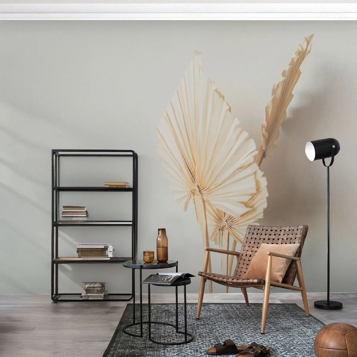 Fototapet Standard Eco - Torkade palmblad på en ljus bakgrund i boho-stil - 100x70cm - När du behöver stillhet - Modern väggdekoration för vardagsrum och sovrum ARTTOR