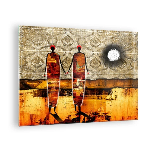 Glastavla - Bild på glas - Två abstrakta figurer mot en bakgrund av ornament och gyllene nyanser - 70x50cm - Etnisk komposition i Afrikas färger - Modern väggdekoration för vardagsrum och sovrum ARTTOR