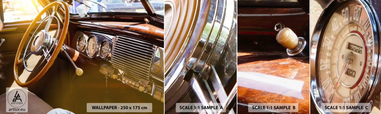 Fototapet Prov Standard Eco - Smak av lyx från det förflutna - Veteranbil, Bil, instrumentbräda - 100x30 cm