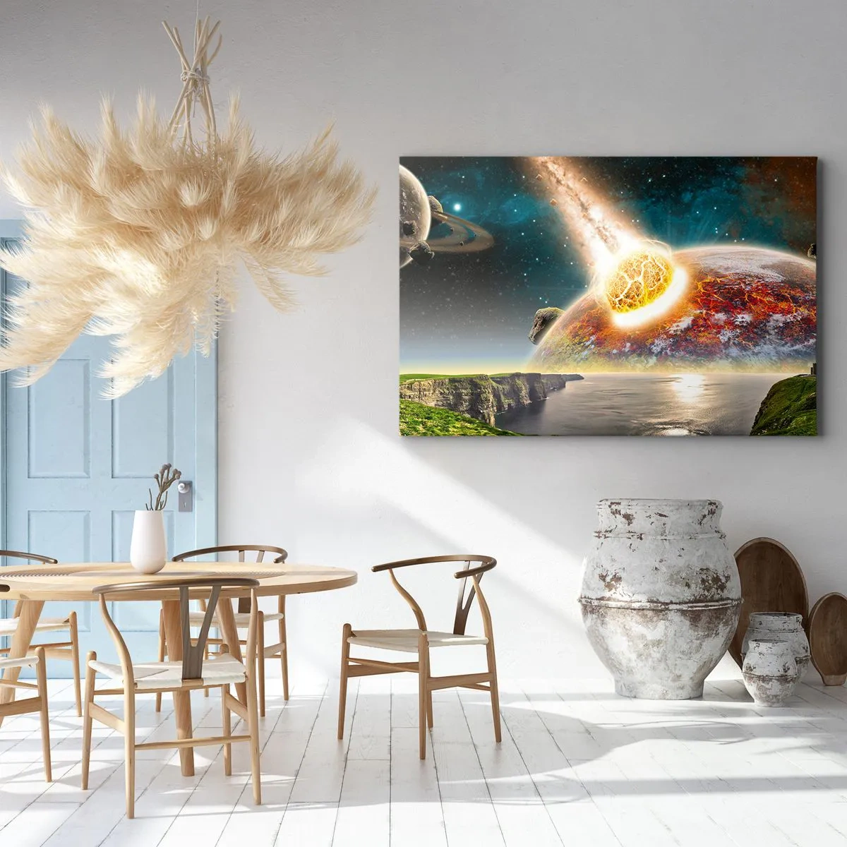 Canvastavla - Bild på duk - En meteorit kolliderar med en planet i ett kosmiskt landskap. - 70x50cm - Rymddrama - Modern väggdekoration för vardagsrum och sovrum ARTTOR