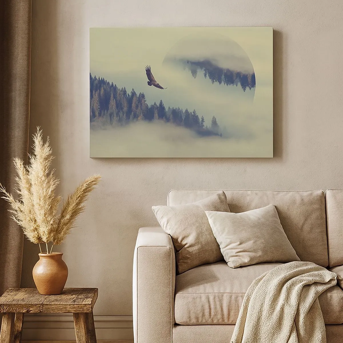 Canvastavla - Bild på duk - En örn i flykt mot en bakgrund av dimmiga berg med ett konstnärligt cirkulärt motiv - 70x50cm - Örnens skugga - Modern väggdekoration för vardagsrum och sovrum ARTTOR