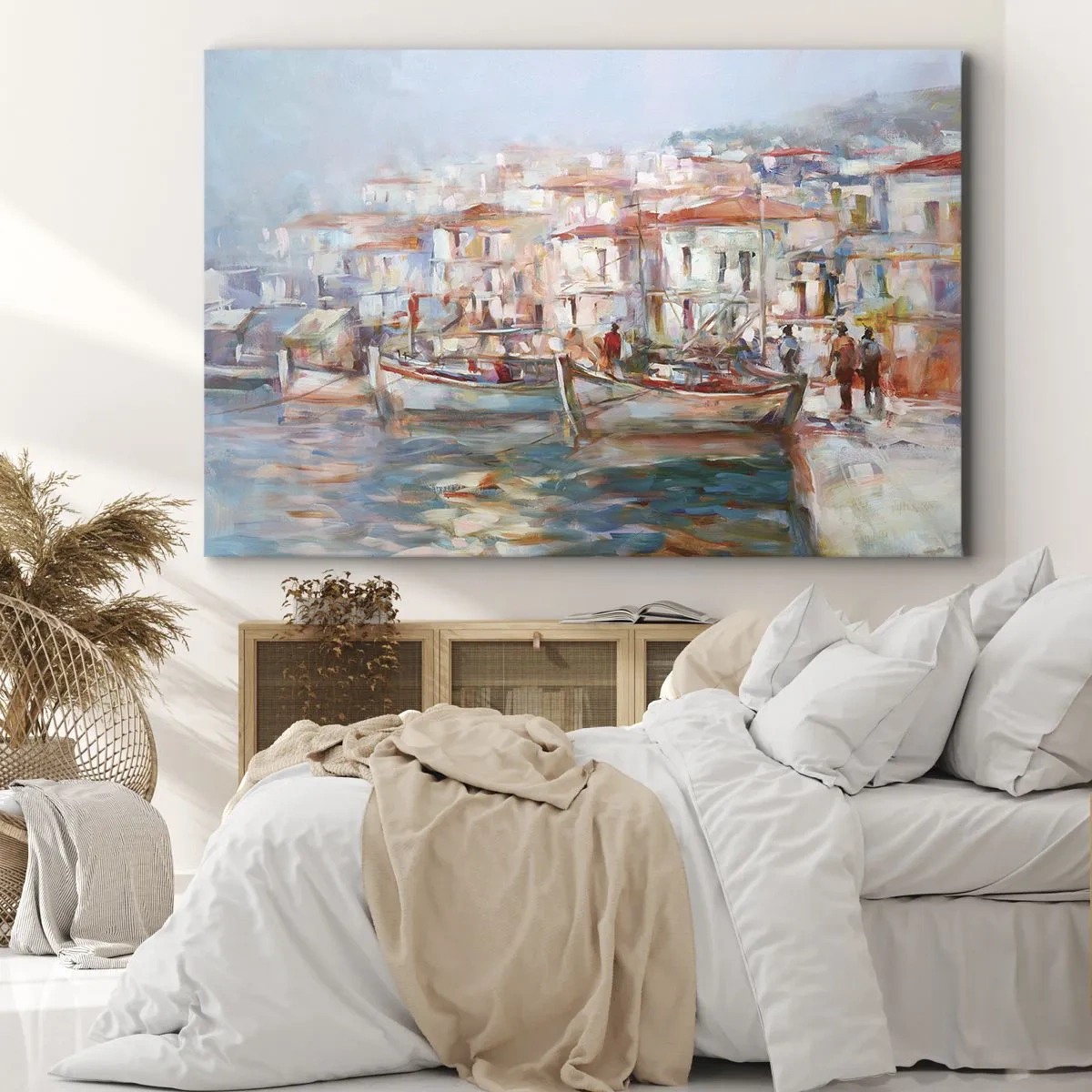 Canvastavla - Bild på duk - Hamnintryck med båtar och byggnader - 70x50cm - Pastellfärgad semester - Modern väggdekoration för vardagsrum och sovrum ARTTOR