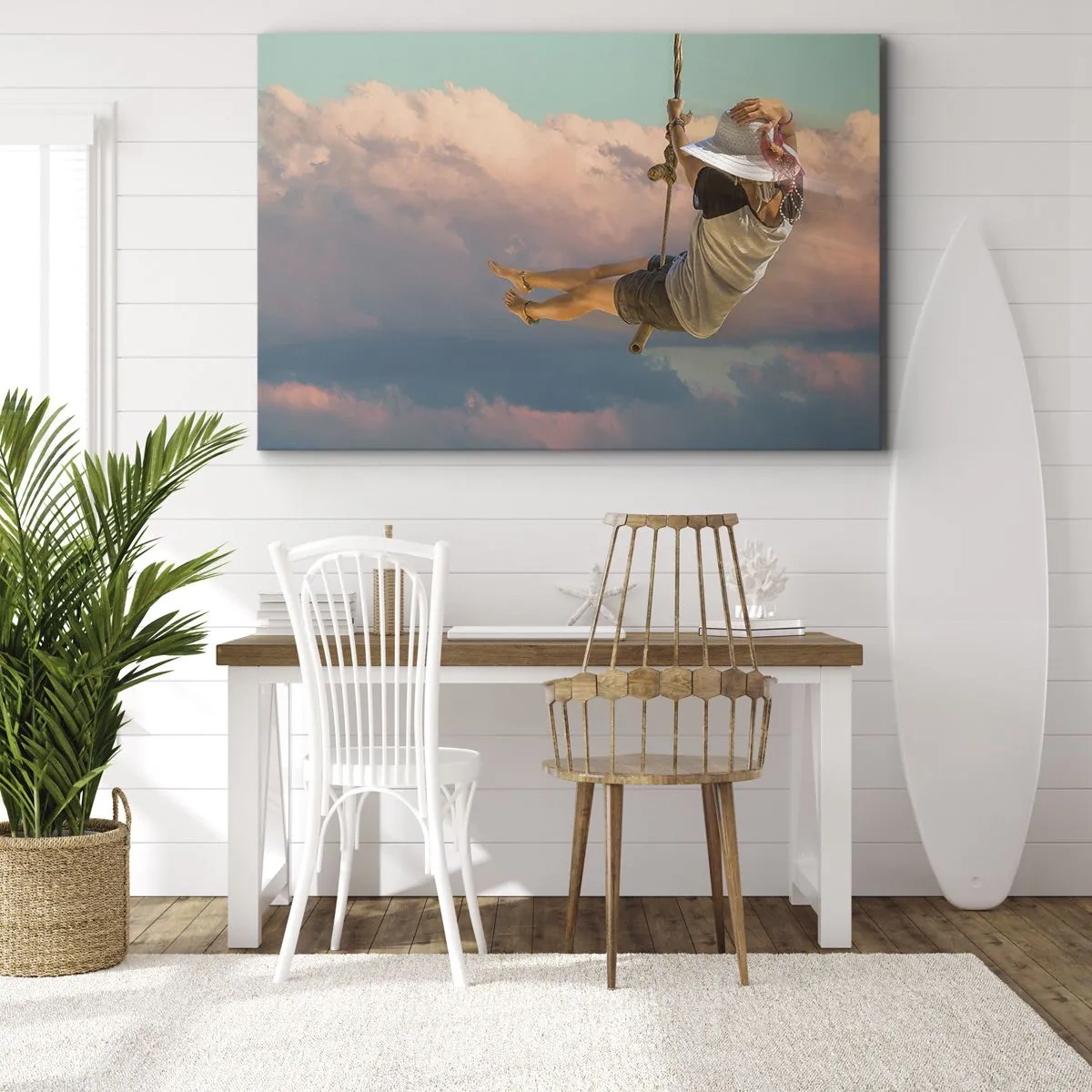 Canvastavla - Bild på duk - Kvinna på en gunga bland rosa moln - 70x50cm - Lek i molnen - Modern väggdekoration för vardagsrum och sovrum ARTTOR