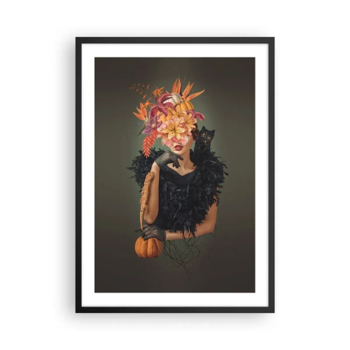 Affisch i svart ram - Konstnärligt porträtt av en kvinna med blommor, en pumpa och en svart katt. - 50x70cm - Häxans troll - Modern väggdekoration för vardagsrum och sovrum ARTTOR