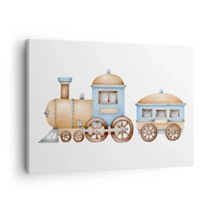 Canvastavla - Bild på duk - Teckning av ett tåg i pastellfärger på vit bakgrund - 70x50cm - Stående vid stationen... - Modern väggdekoration för vardagsrum och sovrum ARTTOR