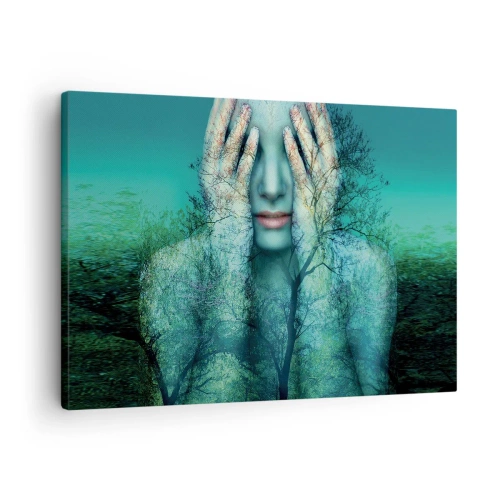 Canvastavla - Bild på duk - En kvinnofigur med trädmotiv mot en turkos landskapsbakgrund - 70x50cm - Doppad i blått - Modern väggdekoration för vardagsrum och sovrum ARTTOR