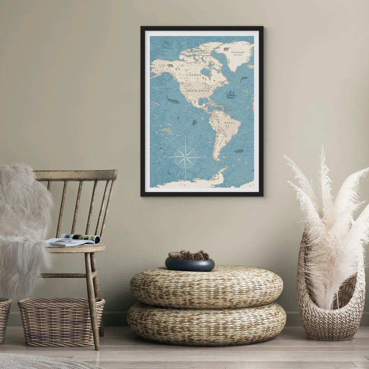 Affisch i svart ram - Stiliserad karta över Nord- och Sydamerika - 50x70cm - En värld inom räckhåll - Modern väggdekoration för vardagsrum och sovrum ARTTOR