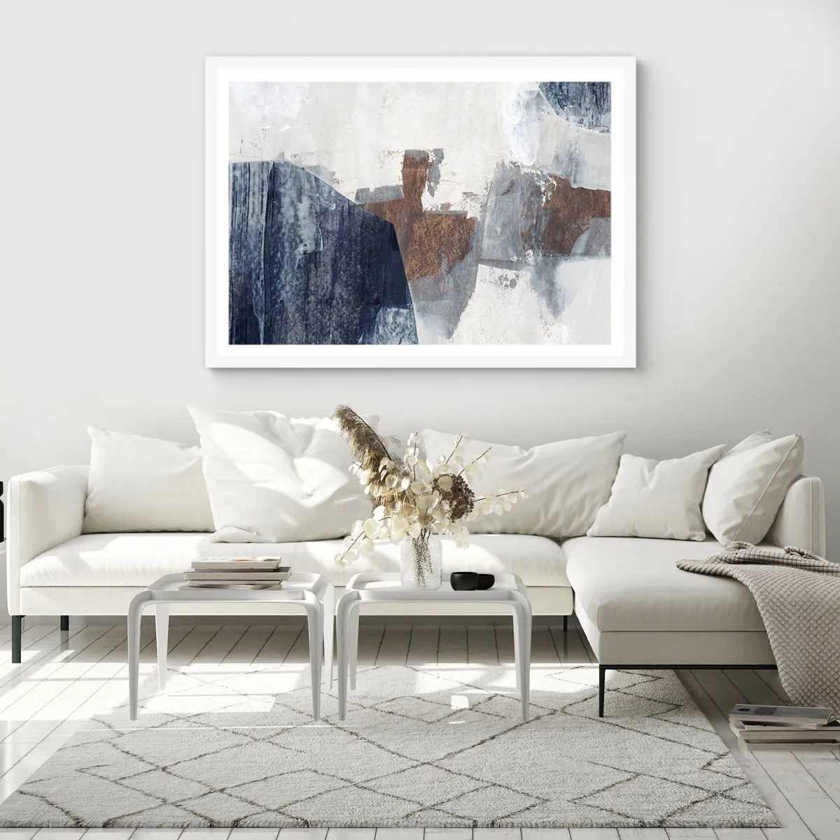 Affisch i vit ram - Blåbruna former - 100x70 cm