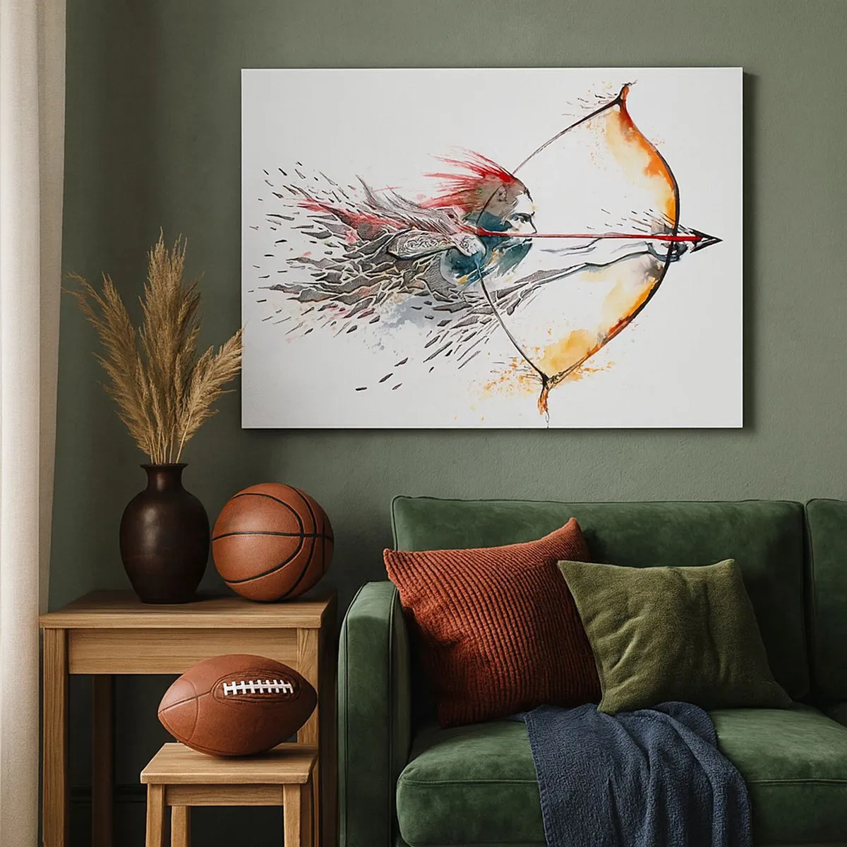 Canvastavla - Bild på duk - Dynamisk akvarellmålning av en krigare med pil och båge - 70x50cm - Mytomspunnen kämpe med brinnande båge - Modern väggdekoration för vardagsrum och sovrum ARTTOR